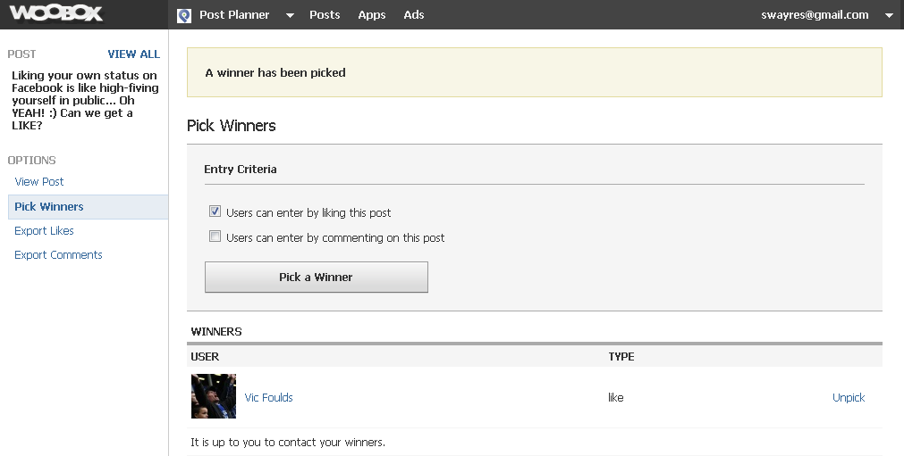 liked post winner woobox - random winner generator for instagram sweepstakes giveaways or