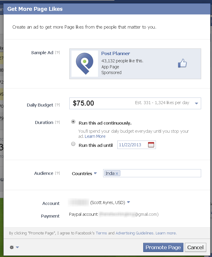 promote a page facebook ad