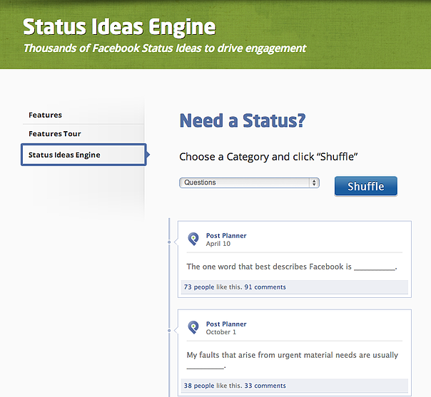 Facebook Status Ideas Engine