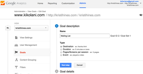 Setting goals for Facebook in Google Analytics