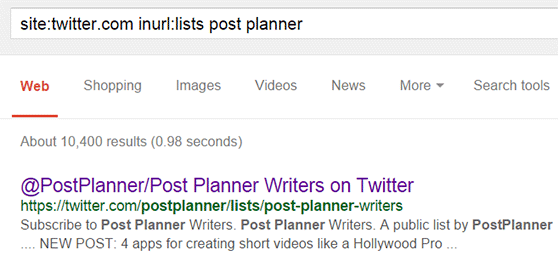 Google trick to find Twitter lists.