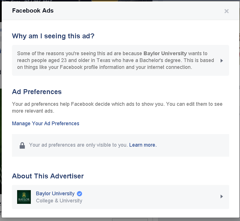 Baylor Facebook reklam örneği