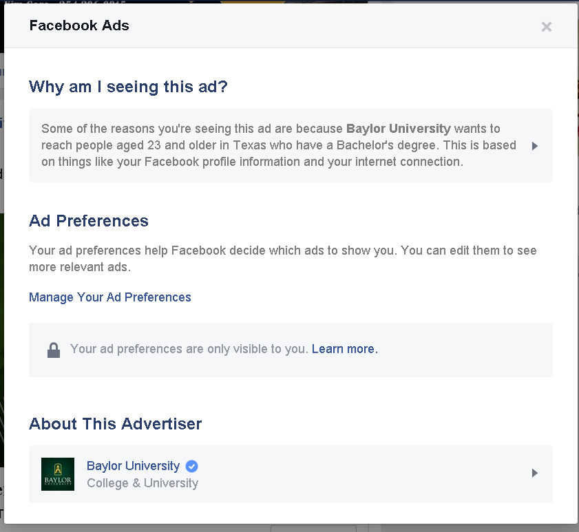 Baylor Facebook ad example