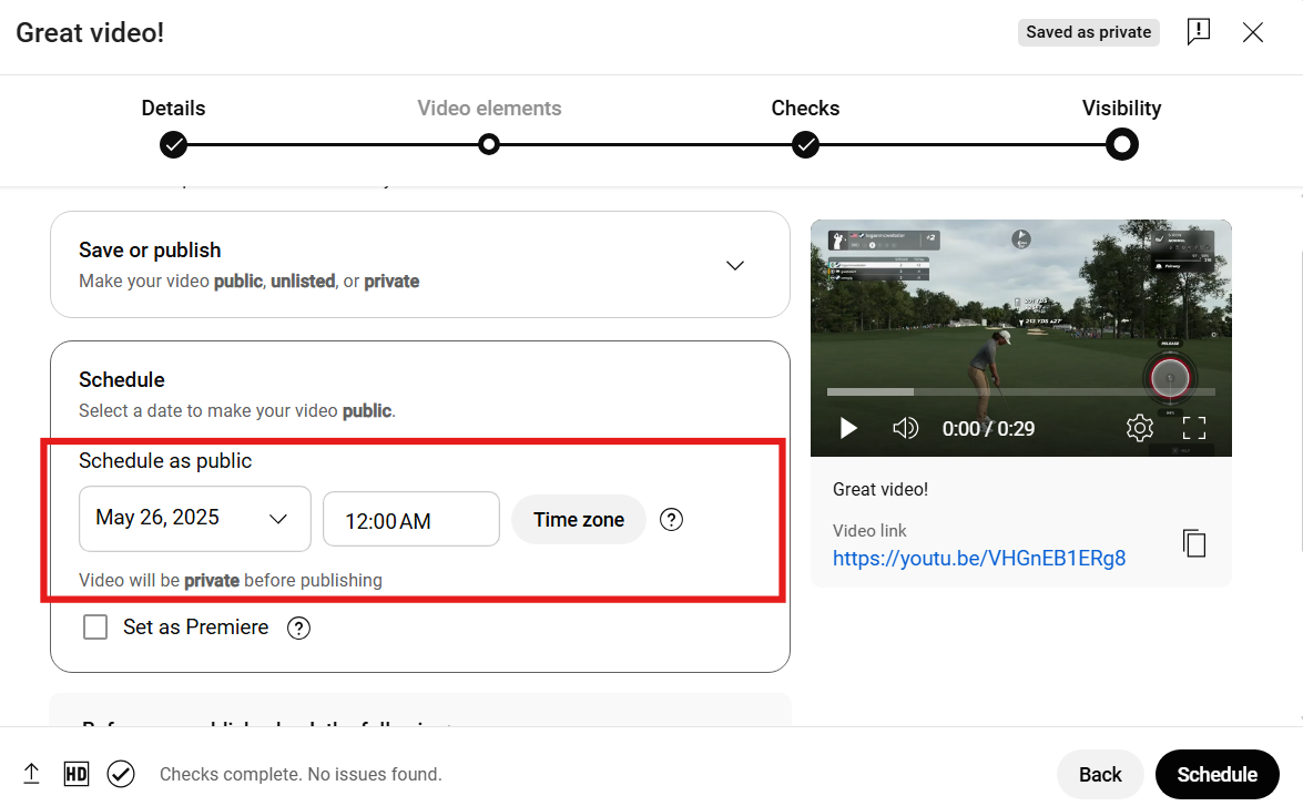 8 select date and time youtube studio
