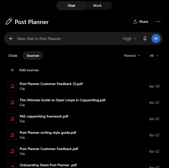 ChatGPT Project settings with brand instructions and uploaded files