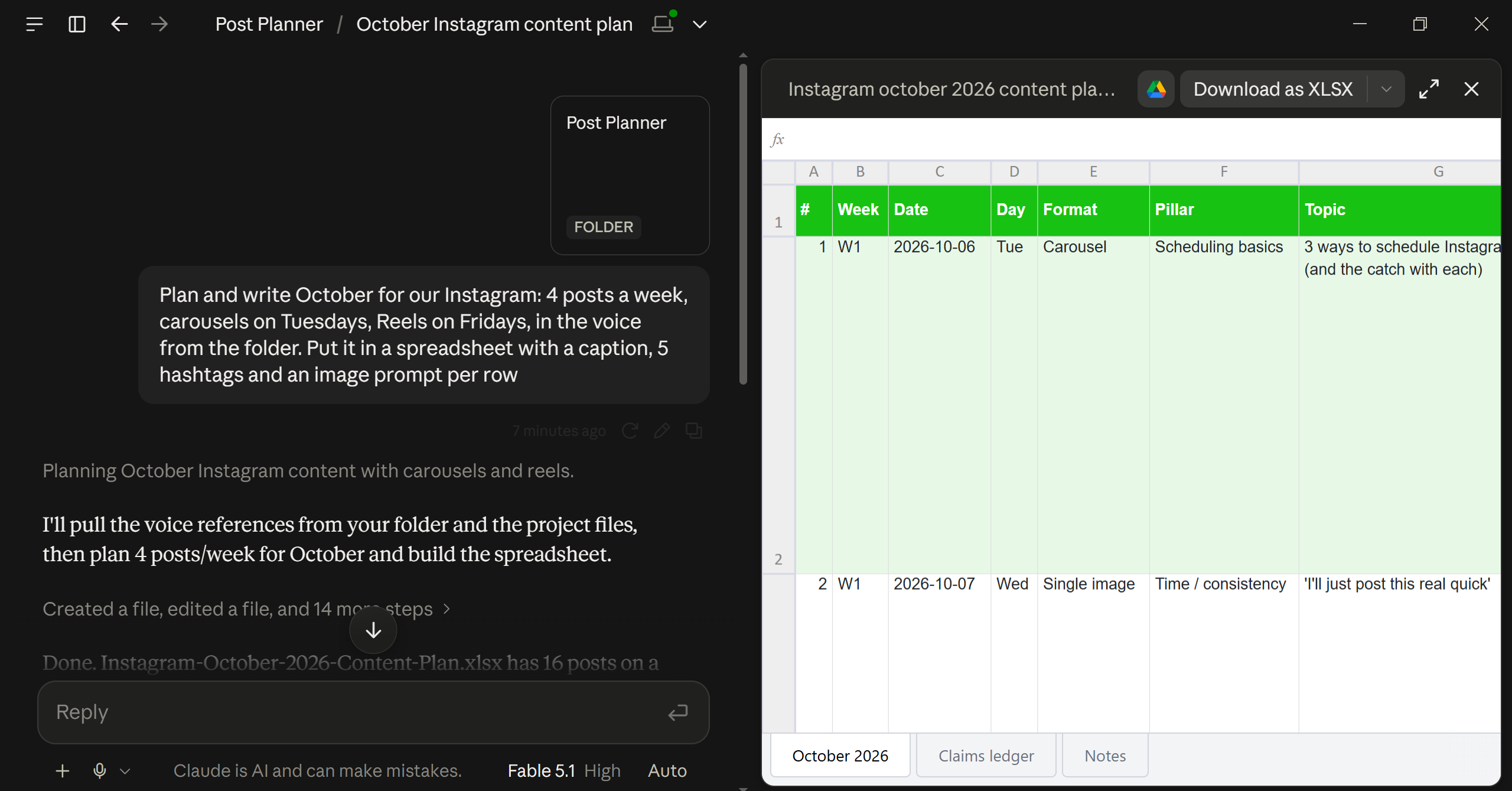 Claude desktop app with a brand folder connected and the October planning brief typed in