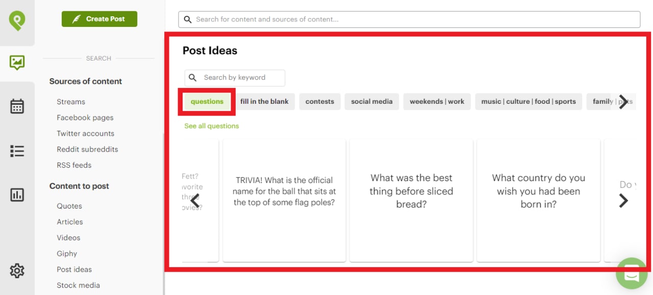 Найдите идеи для постов с вопросами в библиотеке контента Планировщика постов.