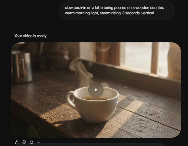 Gemini app with the Video option selected and a prompt for a vertical latte clip