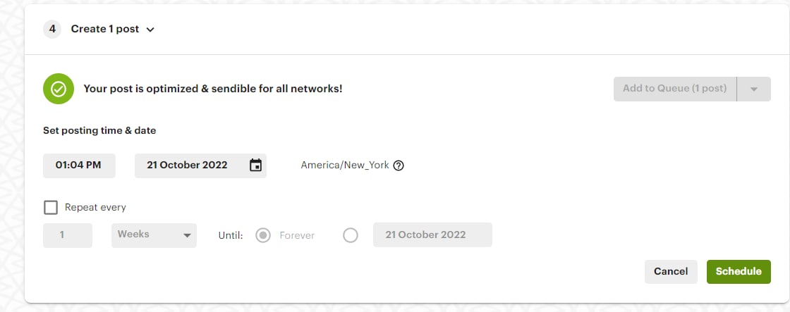 Just schedule a time to post when you create a post