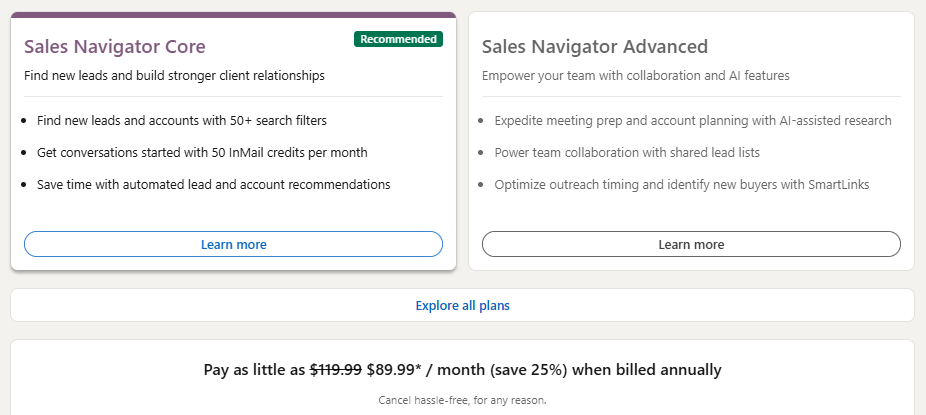 LinkedIn Sales Nav pricing