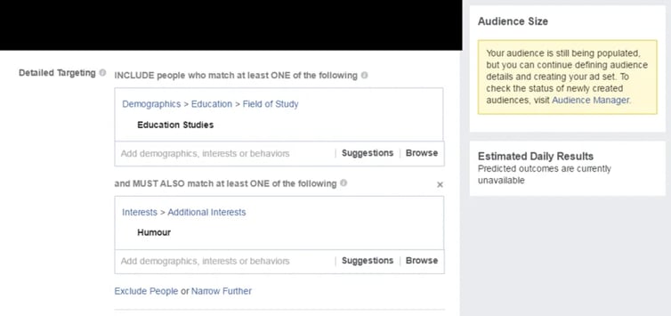 Screenshot of Facebooks Detailed Targeting setting