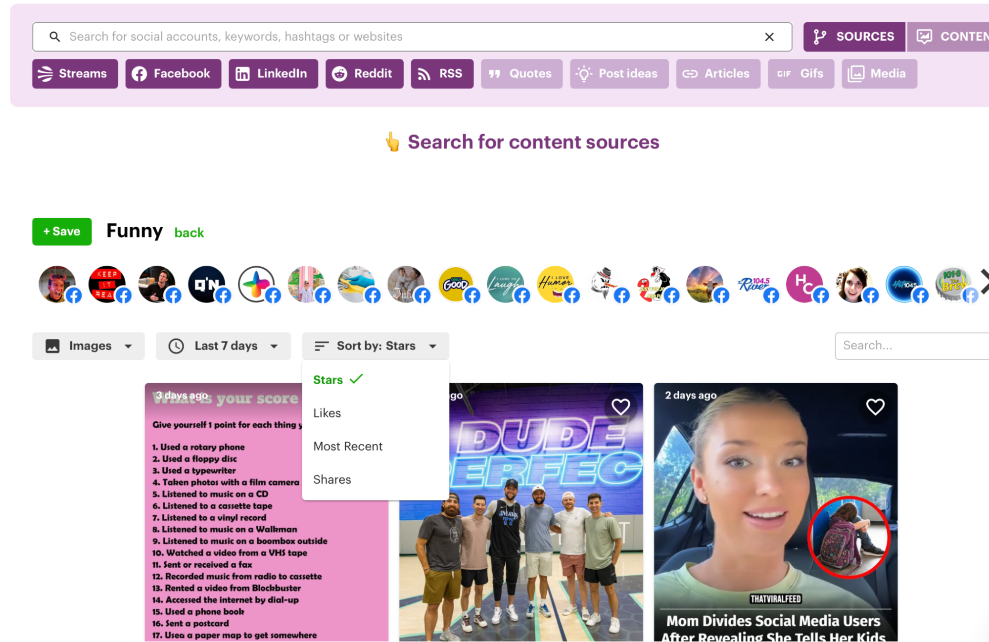 Sort content streams by stars