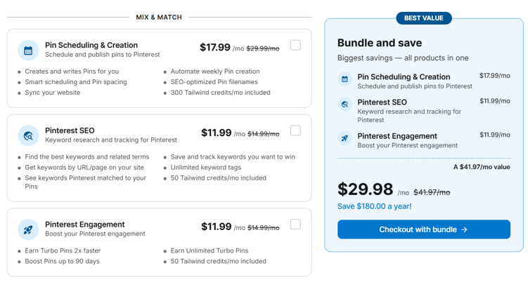 Tailwind pricing: Pin Scheduling & Creation $17.99, Pinterest SEO $11.99, Pinterest Engagement $11.99, bundle $29.98 per month billed annually