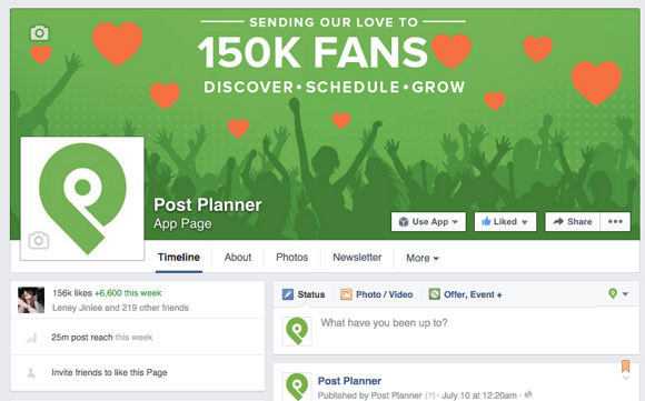Facebook varlığının bir örneği olarak Post Planner Sayfası