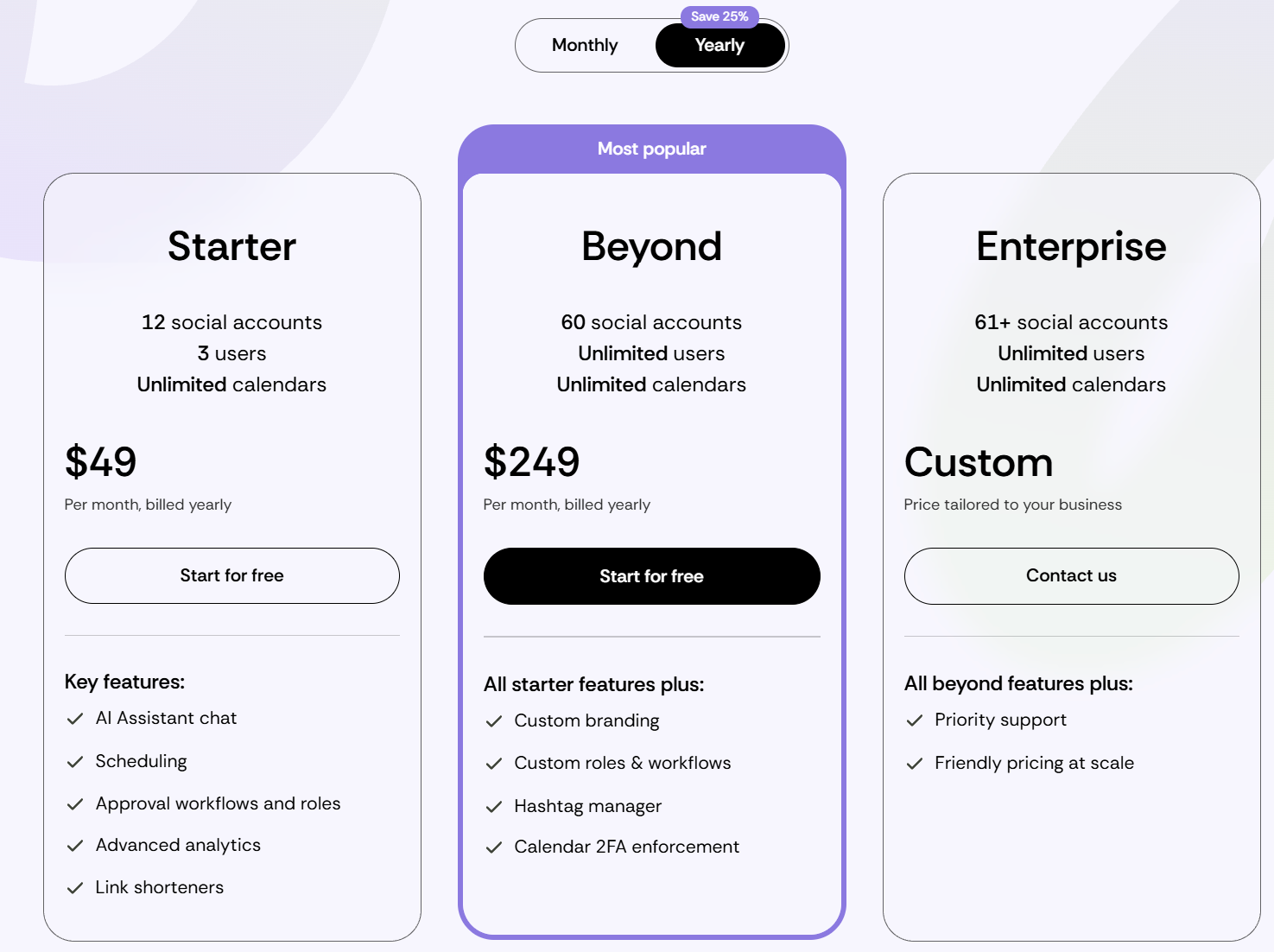 Loomly pricing: Starter $49 and Beyond $249 per month billed yearly, plus Enterprise