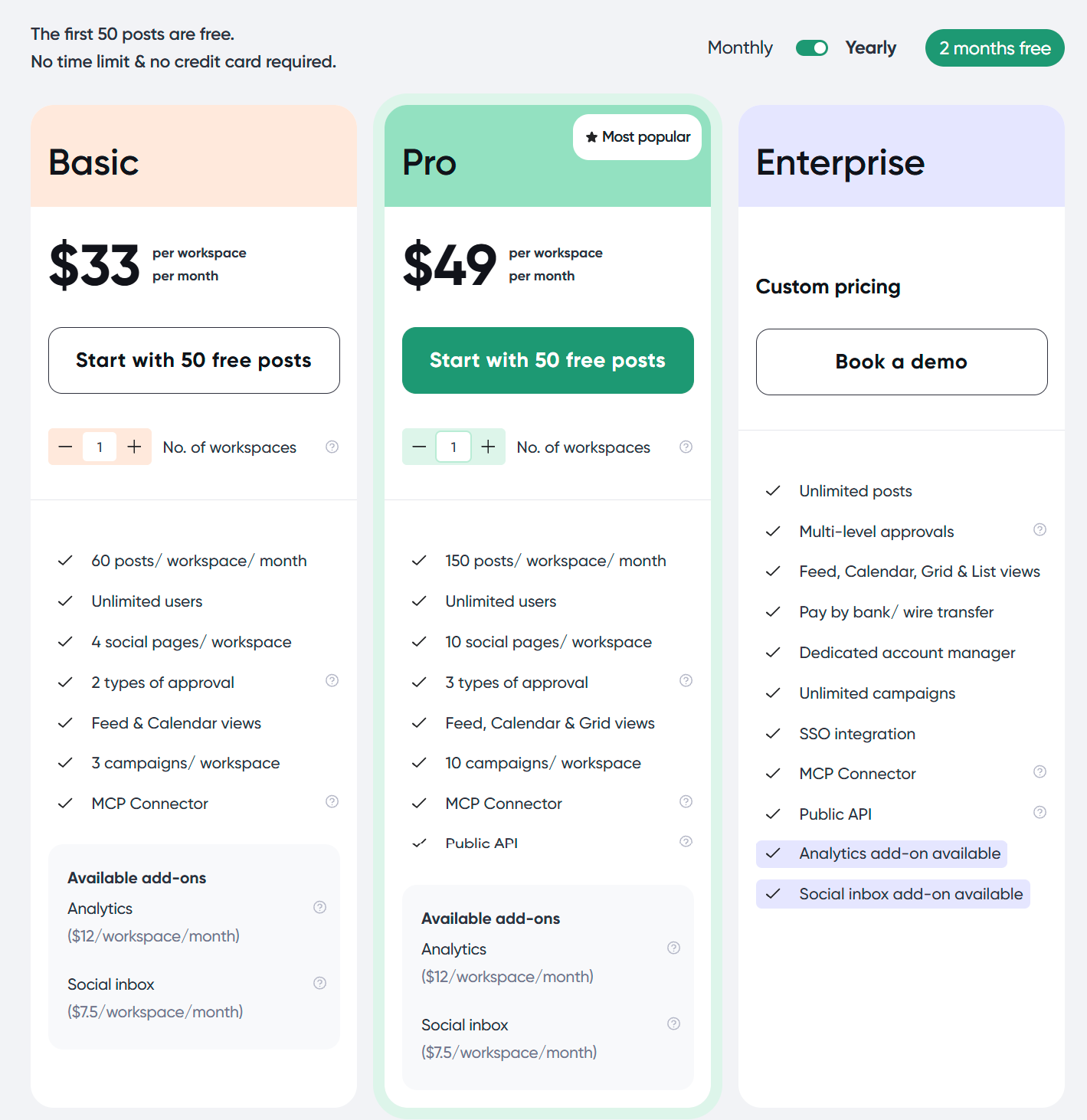 Planable pricing: Basic $33 and Pro $49 per workspace per month, plus Enterprise