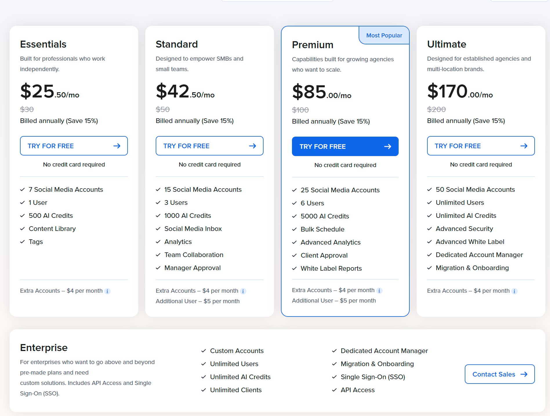 SocialPilot pricing: Essentials $25.50, Standard $42.50, Premium $85, and Ultimate $170 per month billed annually