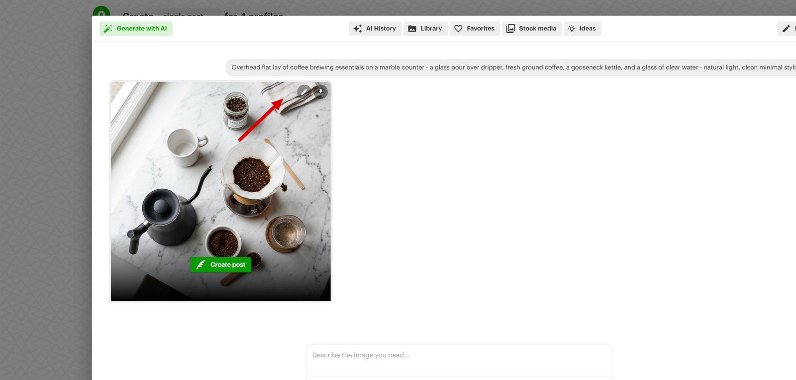 Editing an AI-generated image in the Post Planner Content Studio