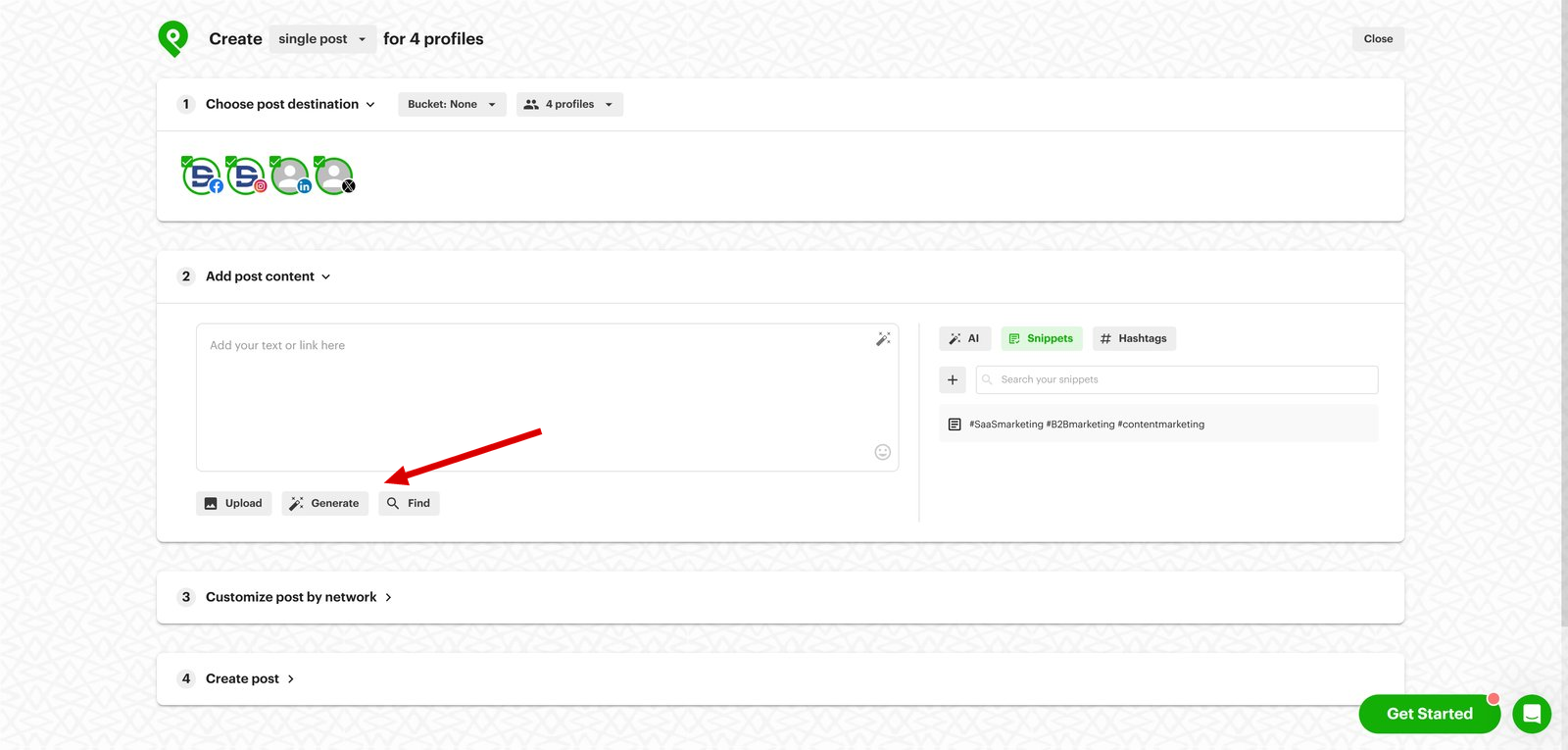 Post Planner Composer with the Generate image button (magic wand icon) highlighted