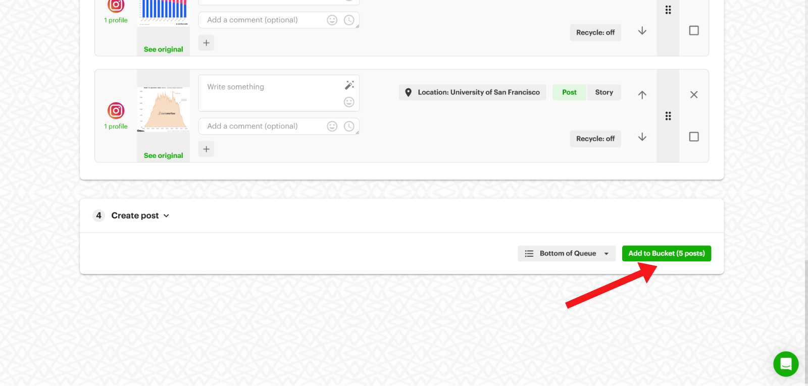 Post Planner bulk composer: Add to Queue and Add to Bucket buttons