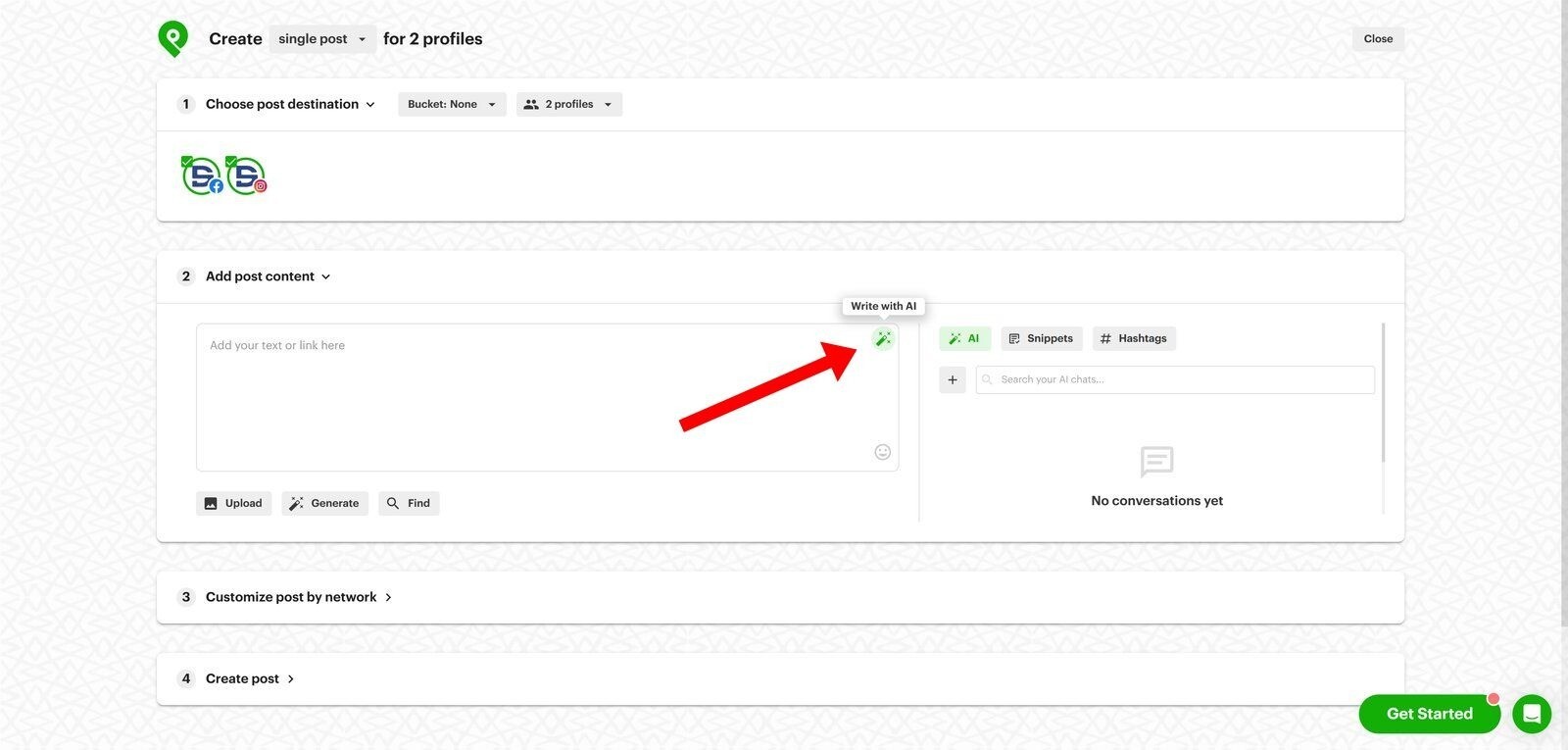 Post Planner Composer with the green Write with AI wand highlighted