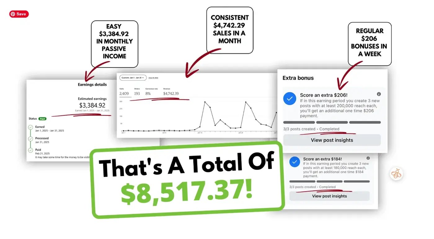 Graphic showing Anji's $8,517.37 month, including Facebook payouts, product sales, and bonuses