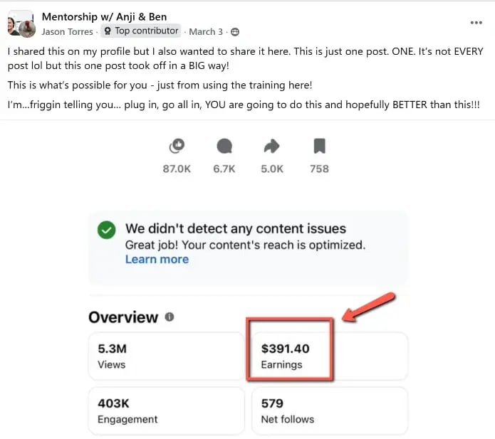 Jason's Facebook post showing 5.3 million views and $391.40 in earnings