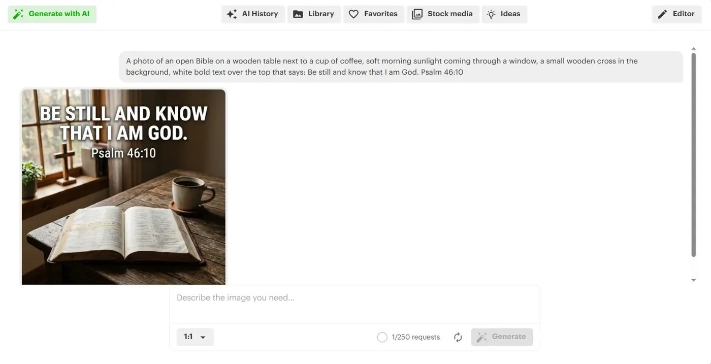Post Planner AI image generator creating a Bible verse post from a text prompt