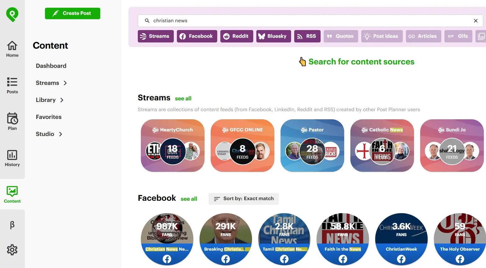 Post Planner Content tab with a search for “christian news” showing ready-made Content Streams and Facebook pages