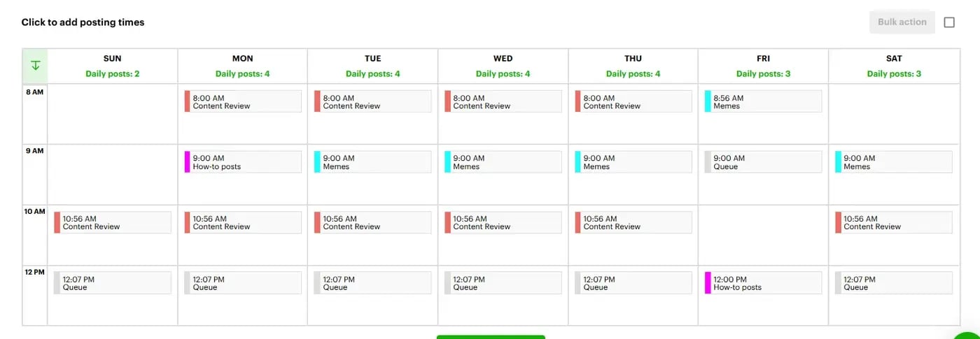 Post Planner Posting Plan showing a weekly schedule of time slots with Buckets assigned