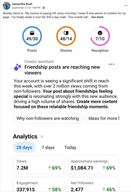Samantha's Facebook earnings dashboard showing 7.2 million views and $1,084.71 in estimated earnings