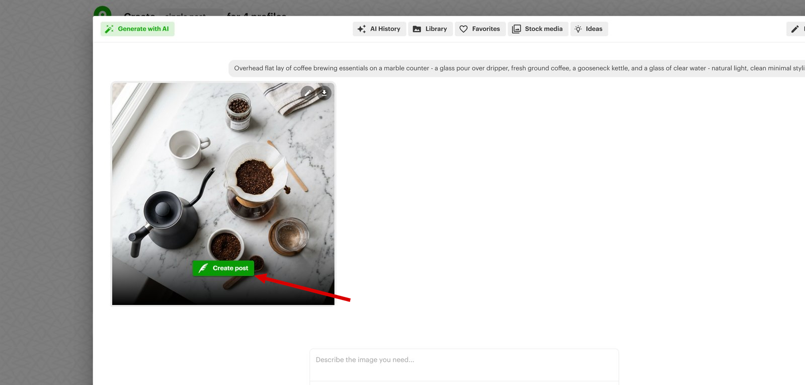 Post Planner AI image generator: a generated coffee photo with the Create post button