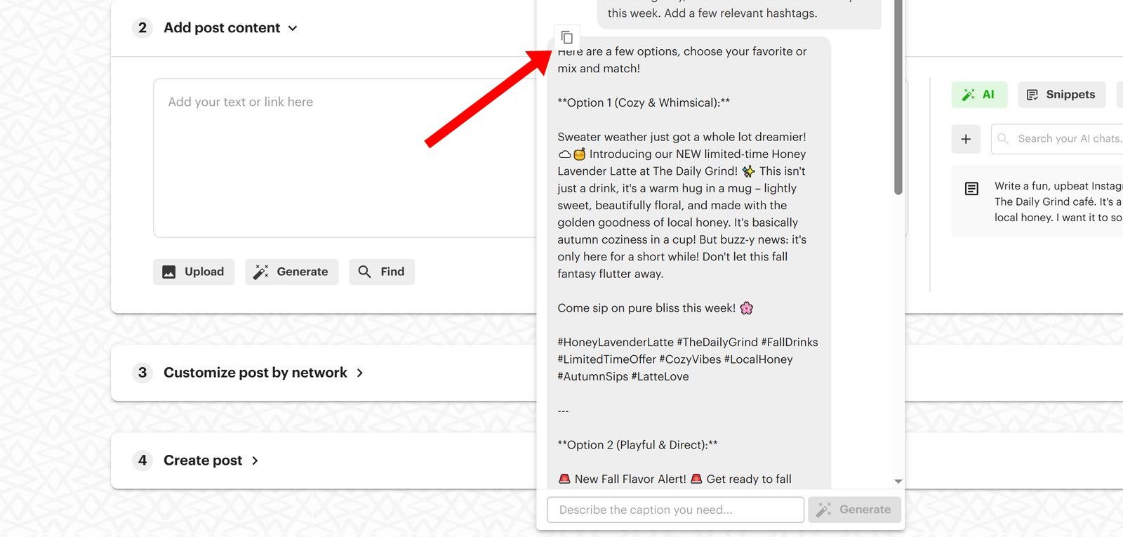 Post Planner AI writer in the composer: a prompt generates several caption variations to choose from