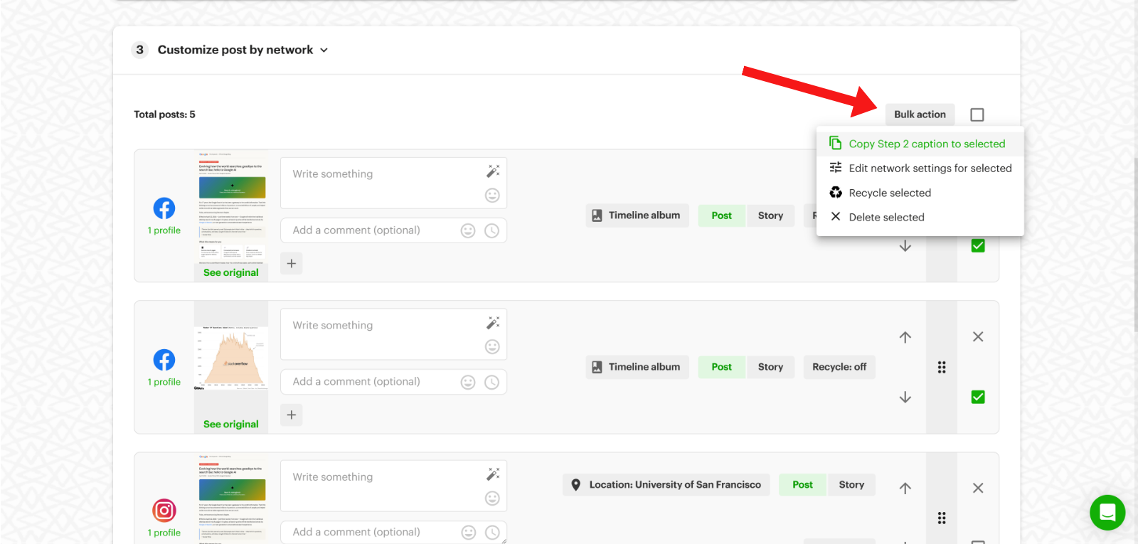 Post Planner Bulk action menu: copy caption, edit network settings, recycle, or delete selected posts