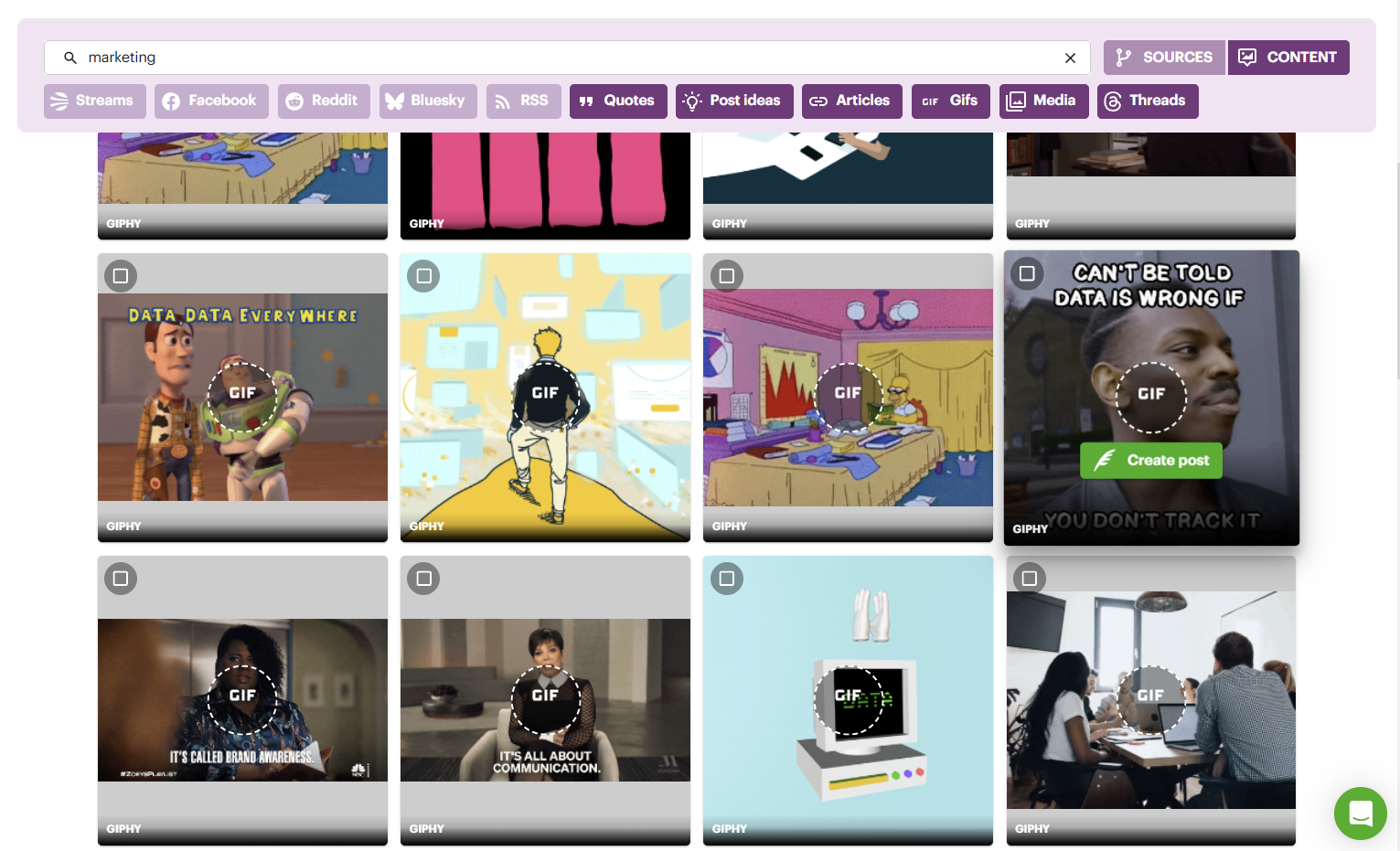 Post Planner Content tab: searching GIFs for the keyword marketing with the Create post button