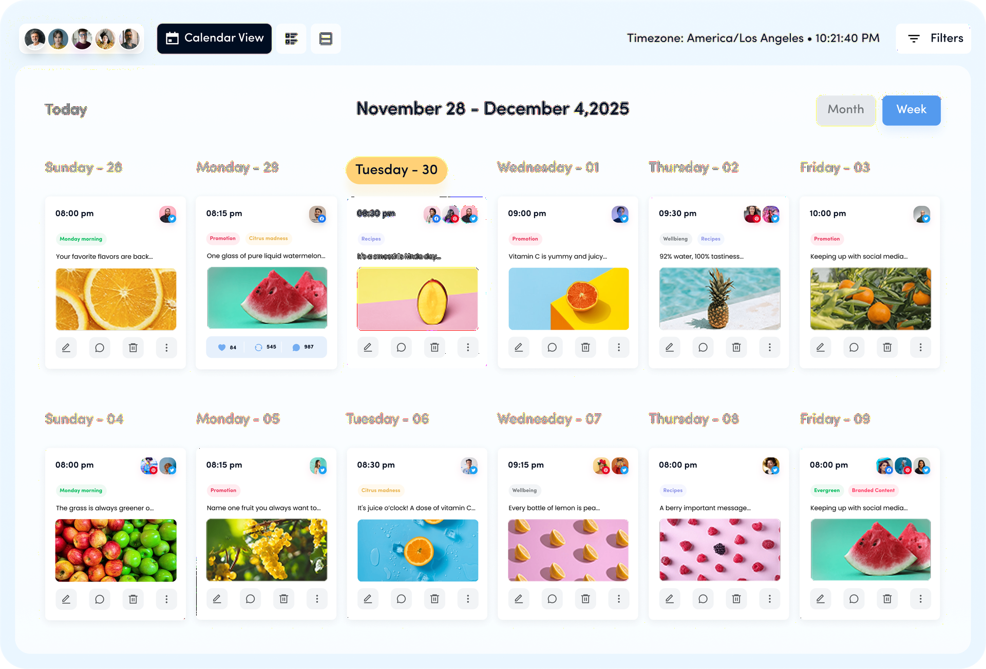 ContentStudio content calendar in week view with scheduled Facebook posts