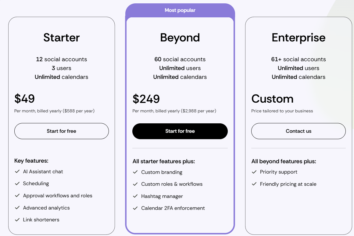 Loomly pricing: Starter $49 and Beyond $249 per month billed yearly, plus Enterprise