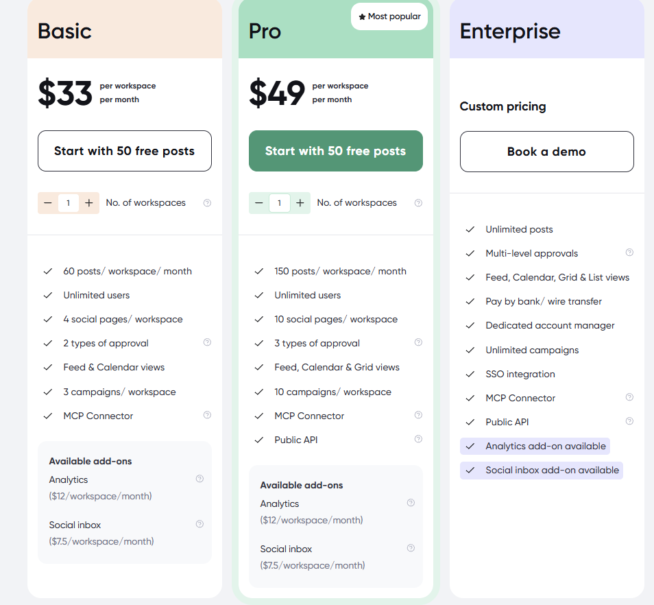 Planable pricing: Basic $33 and Pro $49 per workspace per month with 50 free posts, plus Enterprise