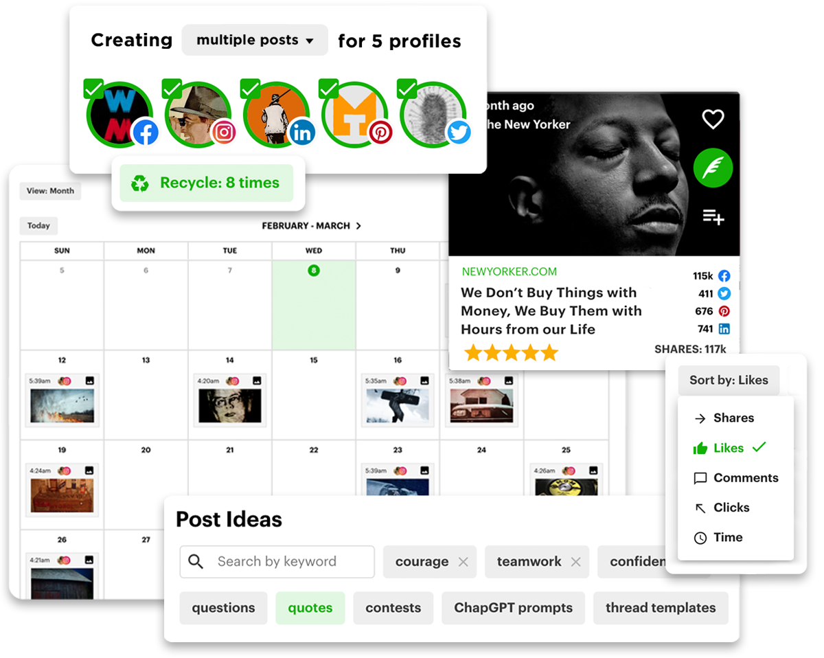 Post Planner app: scheduling calendar, multi-profile composer, post recycling, and Post Ideas search
