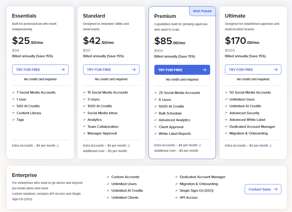 SocialPilot pricing: Essentials $25.50, Standard $42.50, Premium $85, and Ultimate $170 per month billed annually, plus Enterprise