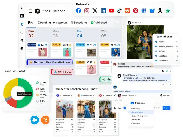 Statusbrew dashboard: content calendar, team inboxes, brand sentiment, and competitor benchmarking