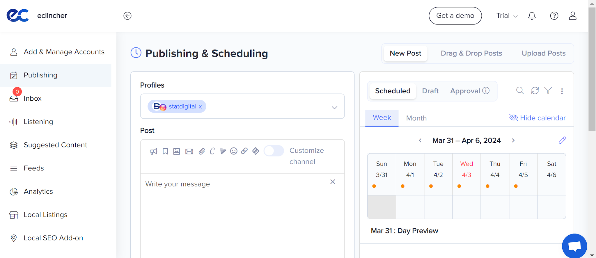 eClincher publishing and scheduling screen with the weekly calendar