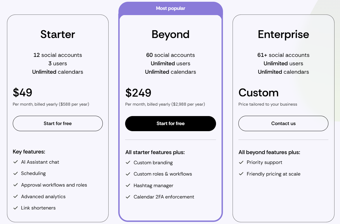 Loomly pricing: Starter $49 and Beyond $249 per month billed yearly, plus Enterprise