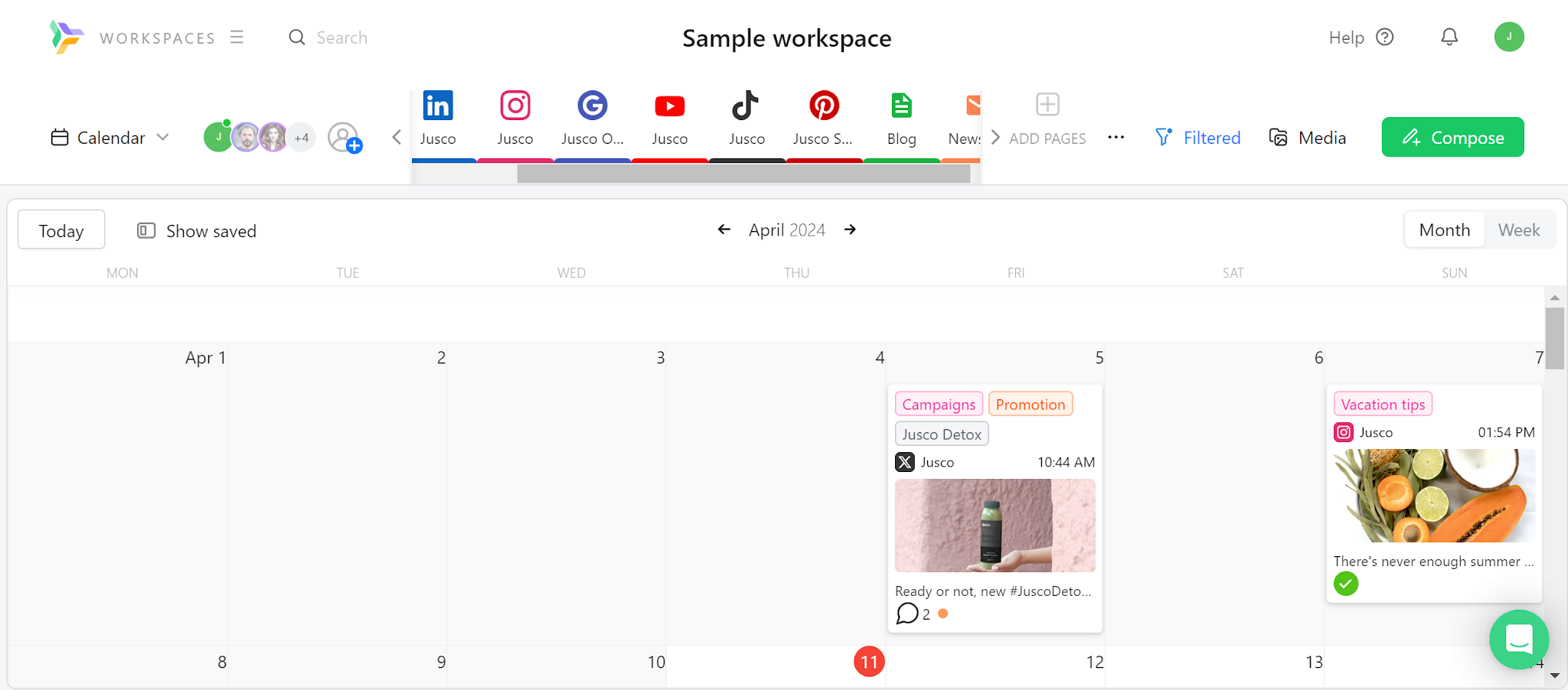 Planable content calendar with scheduled posts and campaign labels