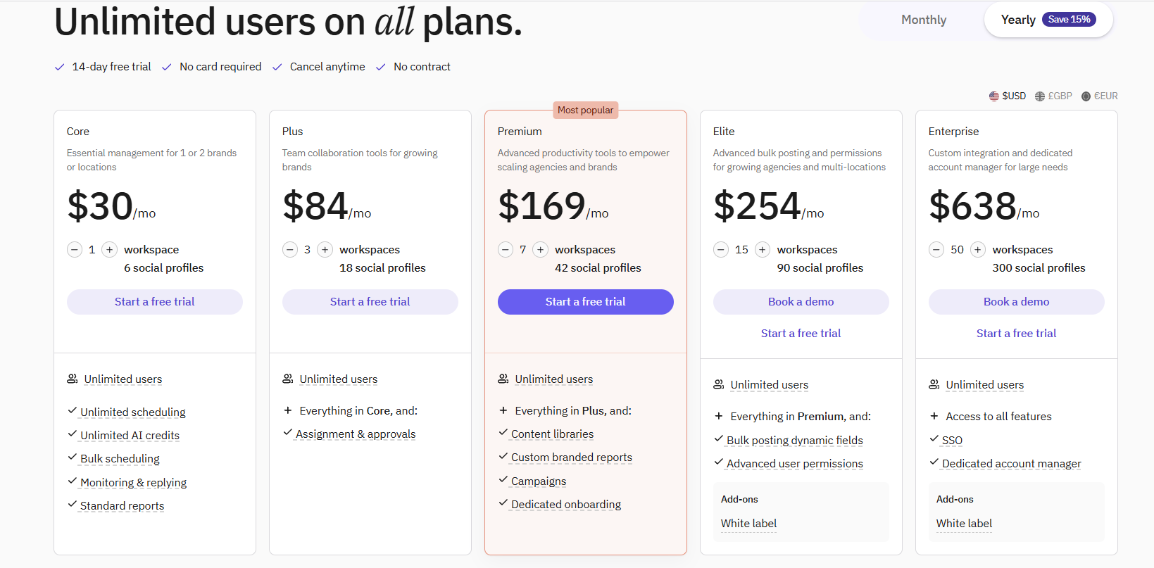 Sendible pricing: Core $30, Plus $84, Premium $169, Elite $254, and Enterprise $638 per month billed annually, unlimited users on every plan
