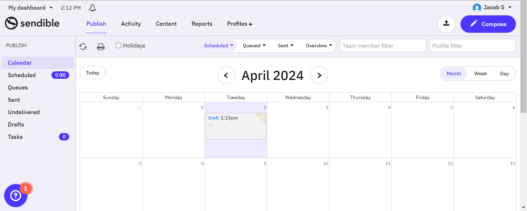 Sendible publishing calendar with scheduled, queued, and sent post filters