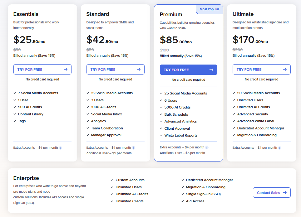 SocialPilot pricing: Essentials $25.50, Standard $42.50, Premium $85, and Ultimate $170 per month billed annually