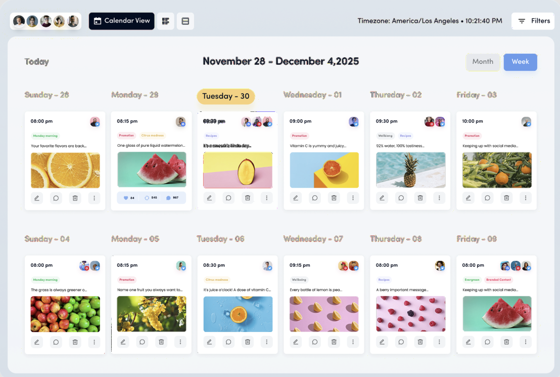 ContentStudio content calendar in week view with scheduled Instagram posts