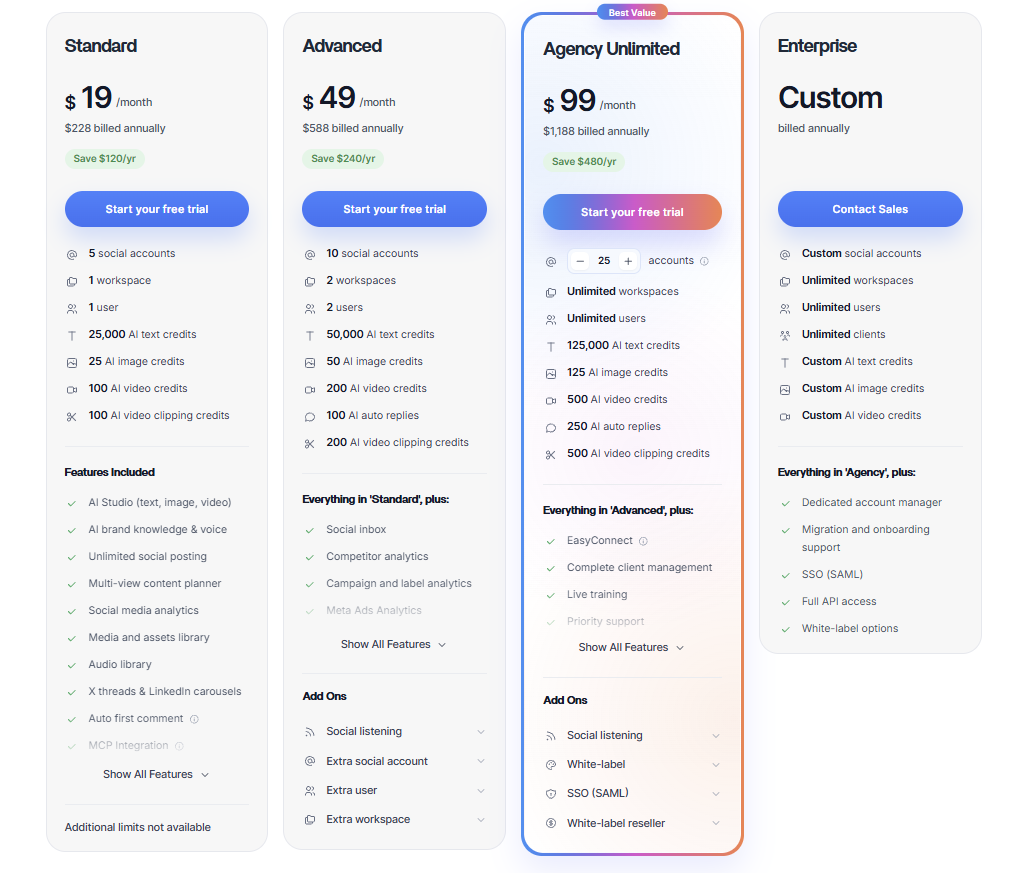 ContentStudio pricing: Standard $19, Advanced $49, Agency Unlimited $99 per month billed annually, and Enterprise custom