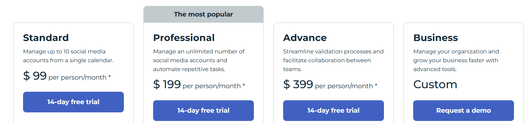 Hootsuite pricing: Standard $99, Professional $199, Advanced $399 per user per month, and Business custom